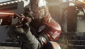 An image from Call of Duty: Infinite Warfare, showing a soldier crouched and aiming their rifle.