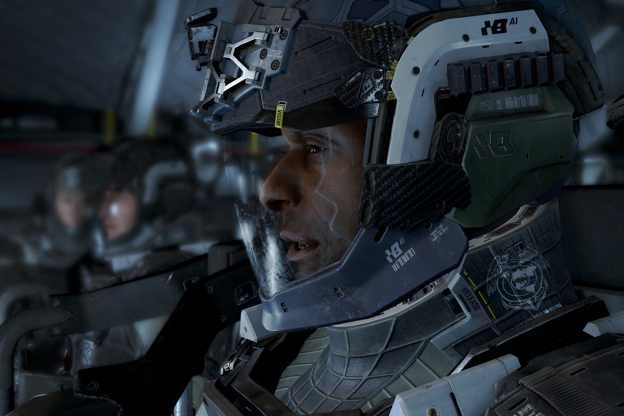 An image from Call of Duty: Infinite Warfare, showing a man in an advanced exoskeleton suit.