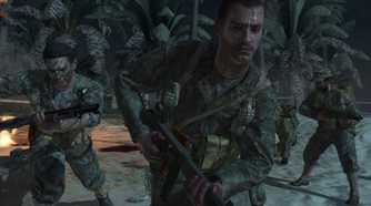 Screenshot from Call of Duty: World at War video game of soldiers running on a beach in jungle setting.