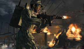 Screenshot from Call of Duty: World at War video game of soldier firing assault rifle while running into battle.