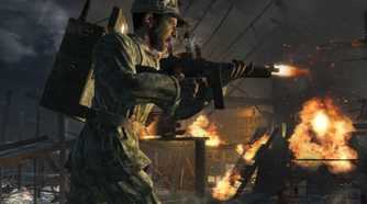 Screenshot from Call of Duty: World at War video game of soldier firing assault rifle while running into battle.