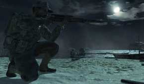 Screenshot from Call of Duty: World at War video game of soldier aiming a rifle at night.