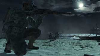 Screenshot from Call of Duty: World at War video game of soldier aiming a rifle at night.