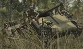 Screenshot from Call of Duty: World at War video game of soldiers on a tank in jungle setting