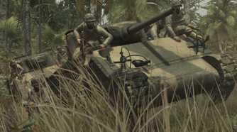 Screenshot from Call of Duty: World at War video game of soldiers on a tank in jungle setting