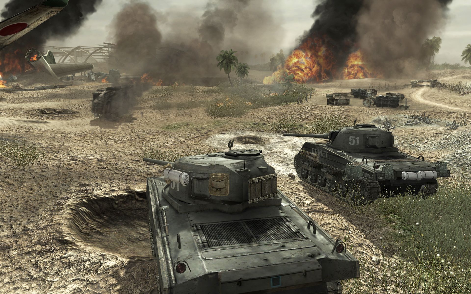 Screenshot from Call of Duty: World at War video game of two tanks on a battlefield
