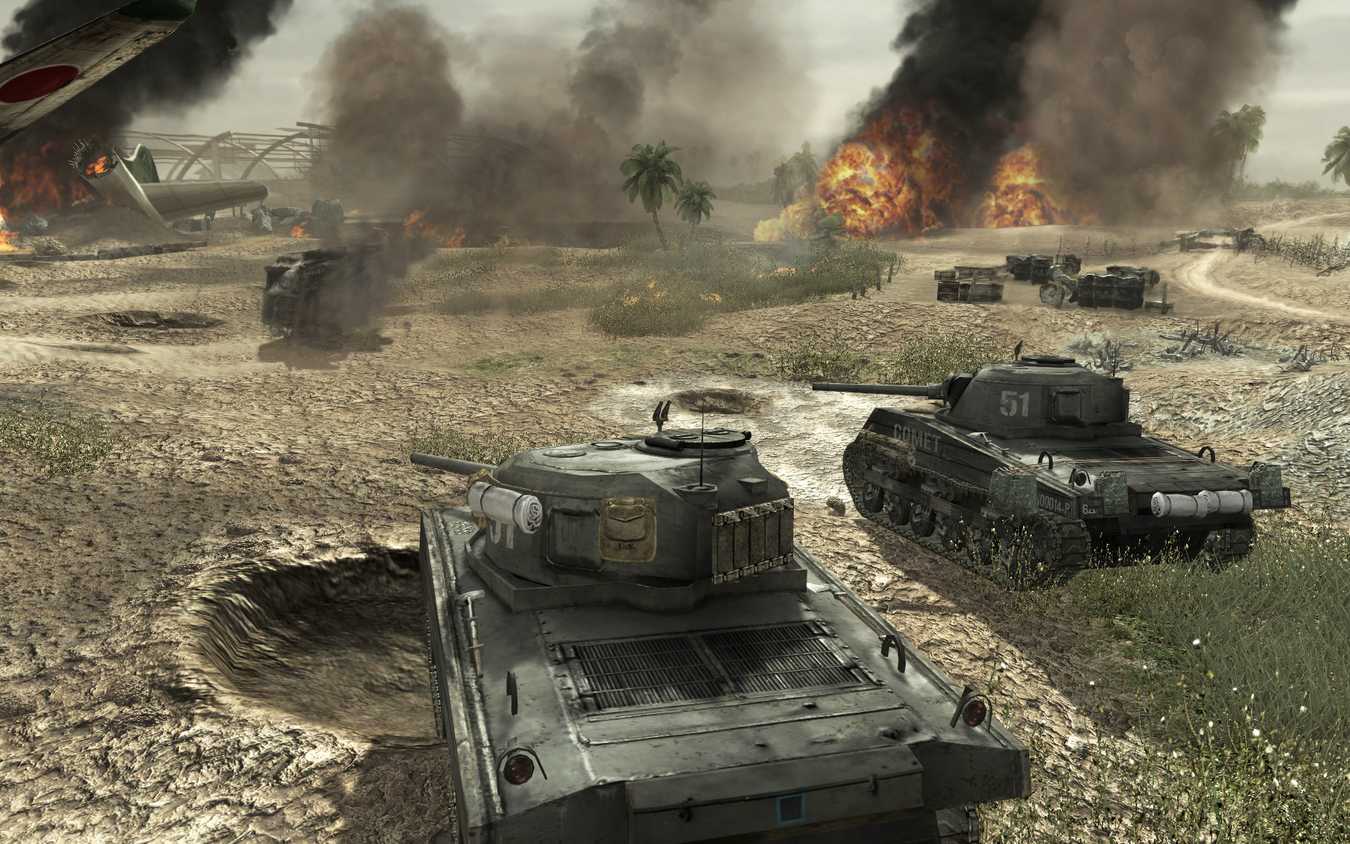 Screenshot from Call of Duty: World at War video game of two tanks on a battlefield