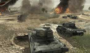 Screenshot from Call of Duty: World at War video game of two tanks on a battlefield