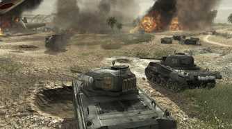 Screenshot from Call of Duty: World at War video game of two tanks on a battlefield