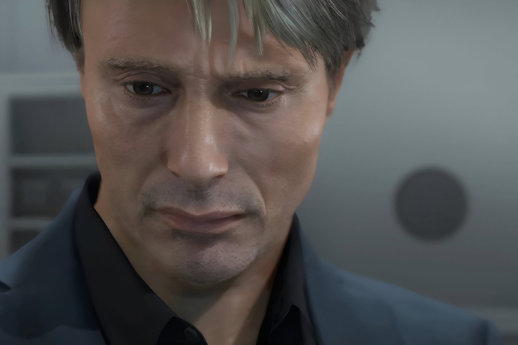 An image from the game "Death Stranding", showing actor Mads Mikkelsen as Cliff.