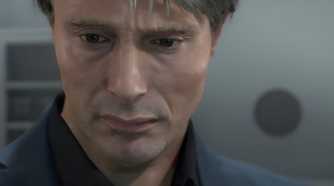 An image from the game "Death Stranding", showing actor Mads Mikkelsen as Cliff.