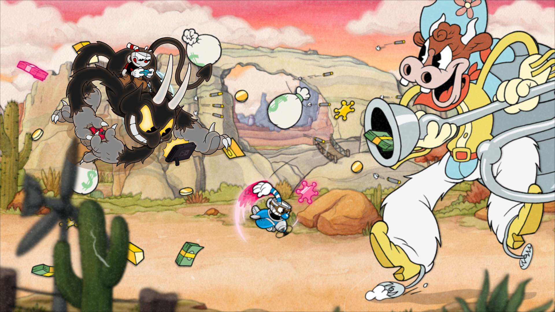 Cuphead fighting the cow boss