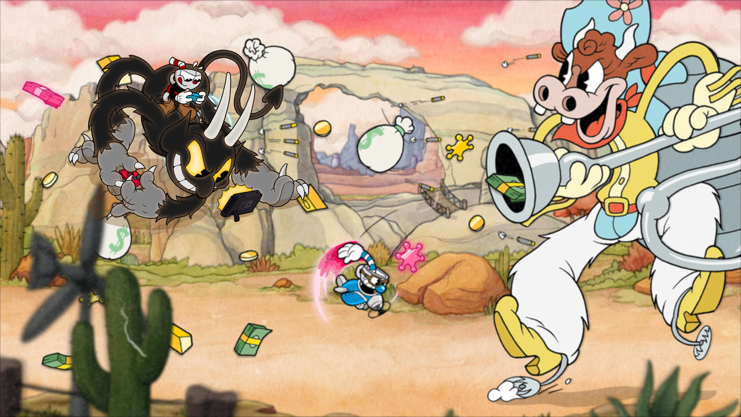 Cuphead fighting the cow boss