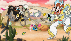 Cuphead fighting the cow boss