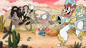 Cuphead fighting the cow boss