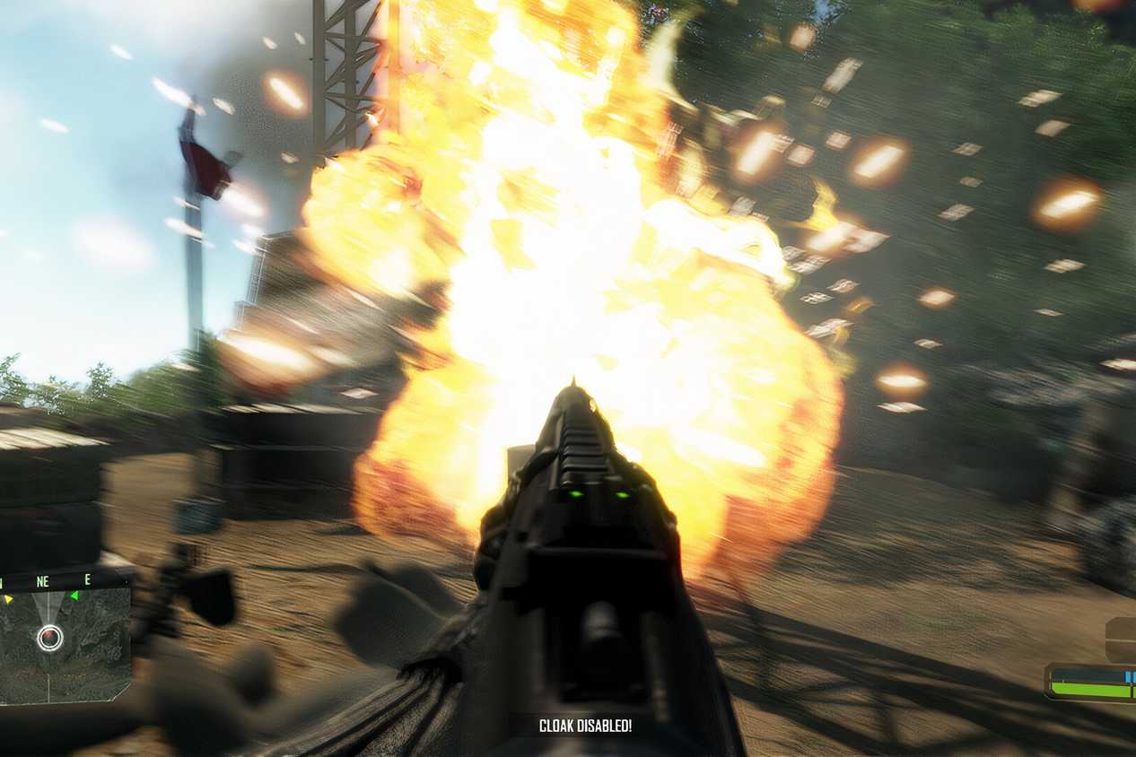 An image from the 2007 game Crysis, showing an explosion.