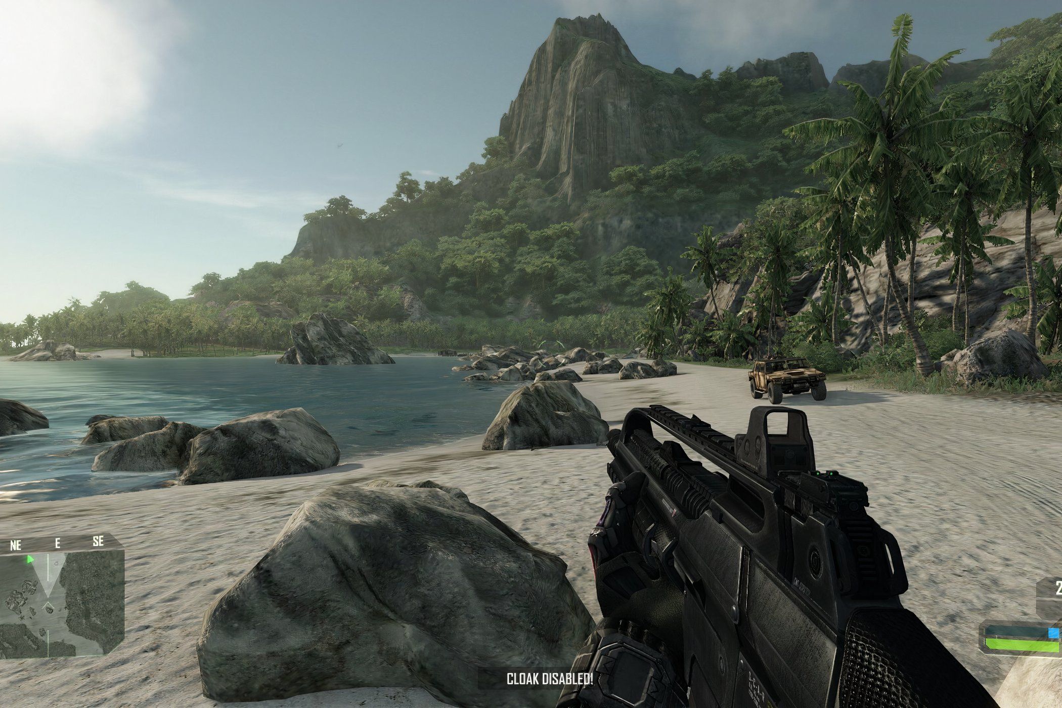 An image from the 2007 game Crysis, showing a beach.