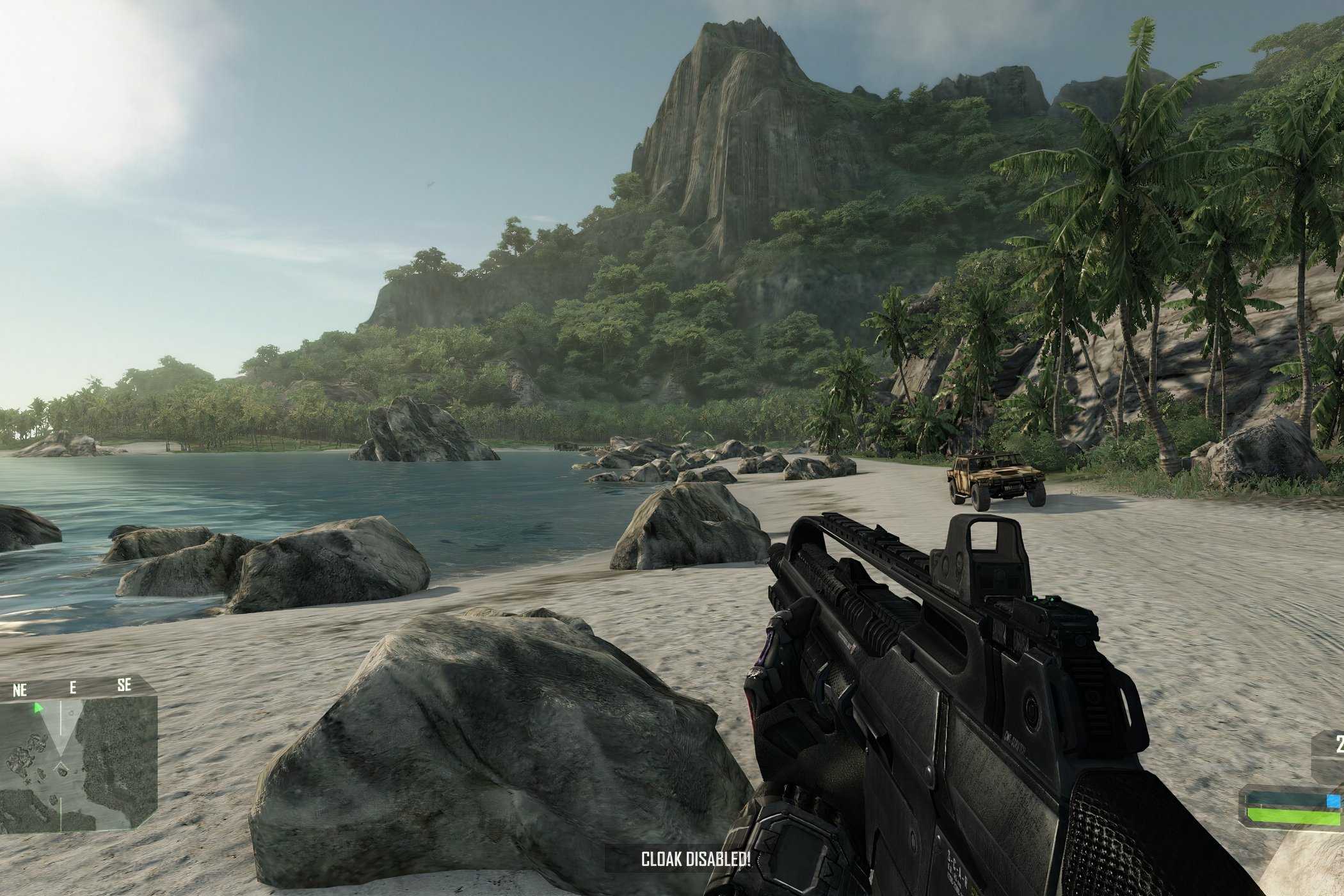 An image from the 2007 game Crysis, showing a beach.