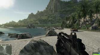 An image from the 2007 game Crysis, showing a beach.