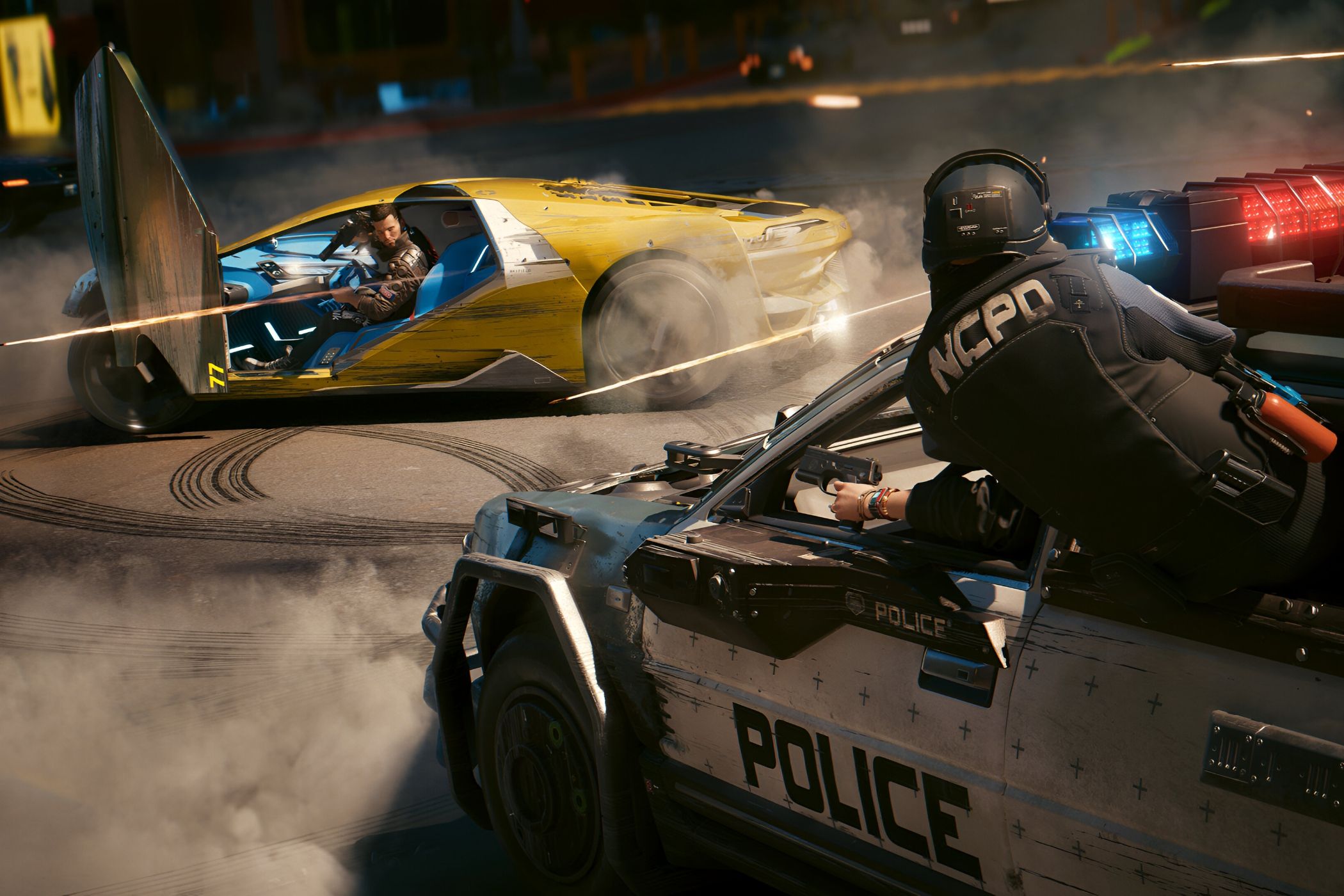 An image from Cyberpunk 2077, showing a police officer leaning out of their vehicle to shoot at the protagonist.