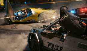 An image from Cyberpunk 2077, showing a police officer leaning out of their vehicle to shoot at the protagonist.
