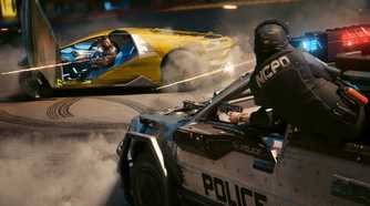 An image from Cyberpunk 2077, showing a police officer leaning out of their vehicle to shoot at the protagonist.