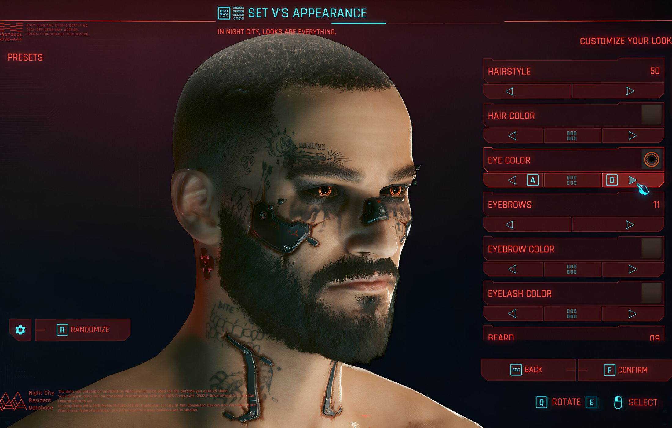 An image from Cyberpunk 2077, showing the character selection screen