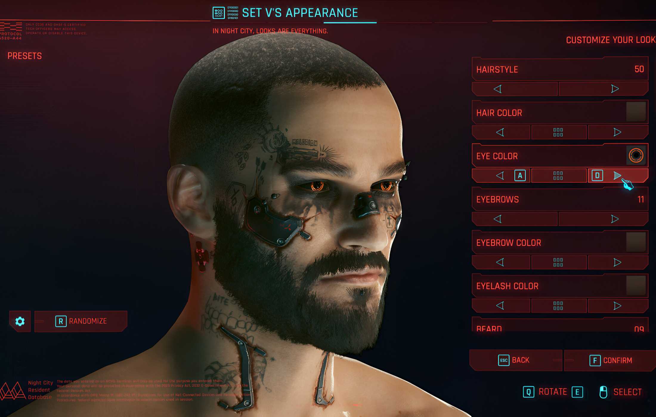 An image from Cyberpunk 2077, showing the character selection screen