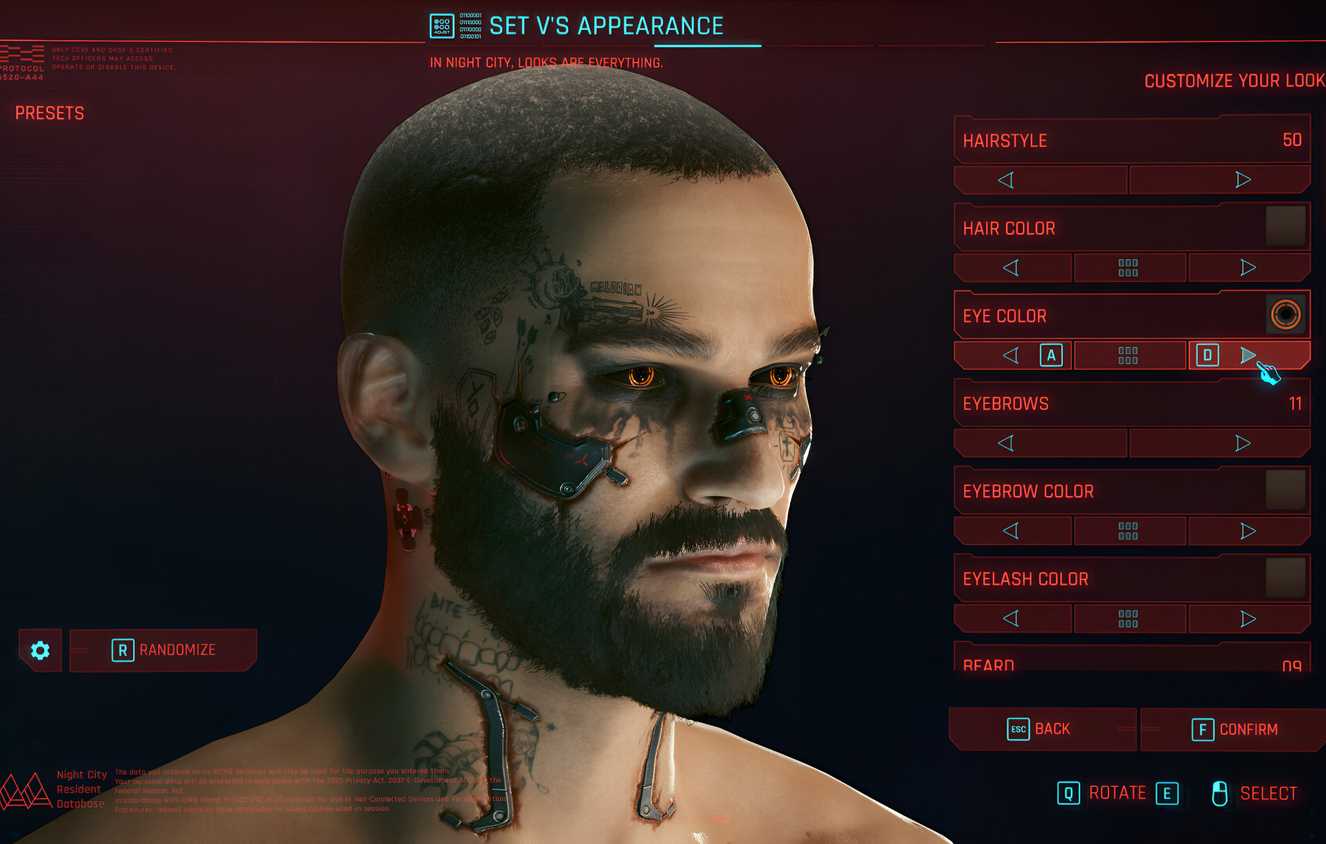 An image from Cyberpunk 2077, showing the character selection screen