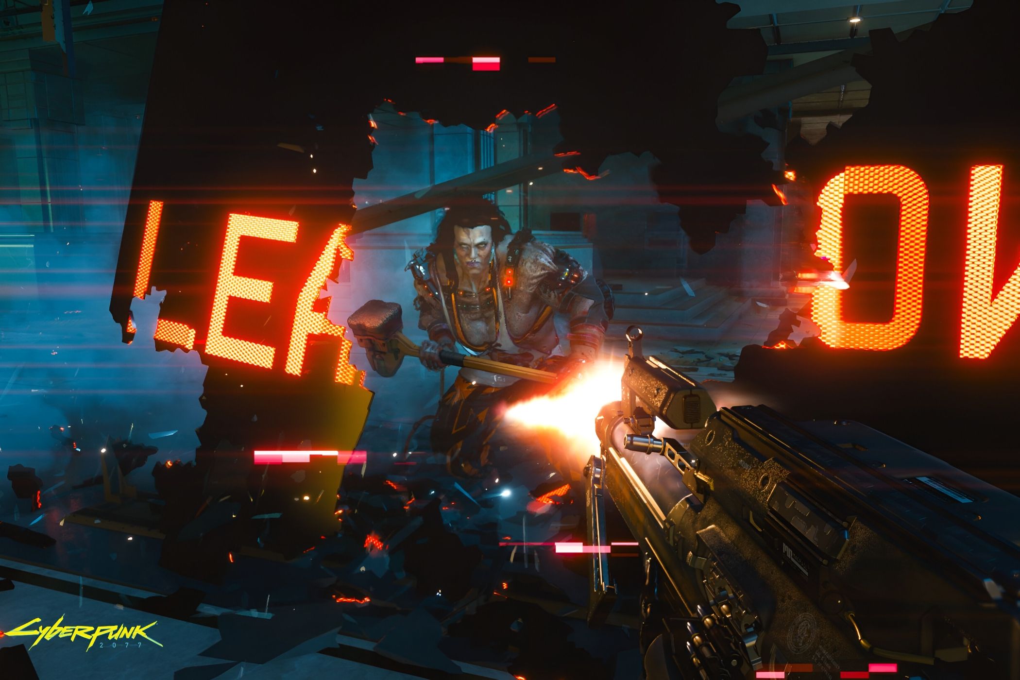 An image from Cyberpunk 2077, showing the protagonist, in first-person-view, shooting a rifle at a hammer-wielding enemy.