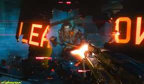 An image from Cyberpunk 2077, showing the protagonist, in first-person-view, shooting a rifle at a hammer-wielding enemy.