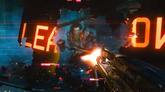 An image from Cyberpunk 2077, showing the protagonist, in first-person-view, shooting a rifle at a hammer-wielding enemy.