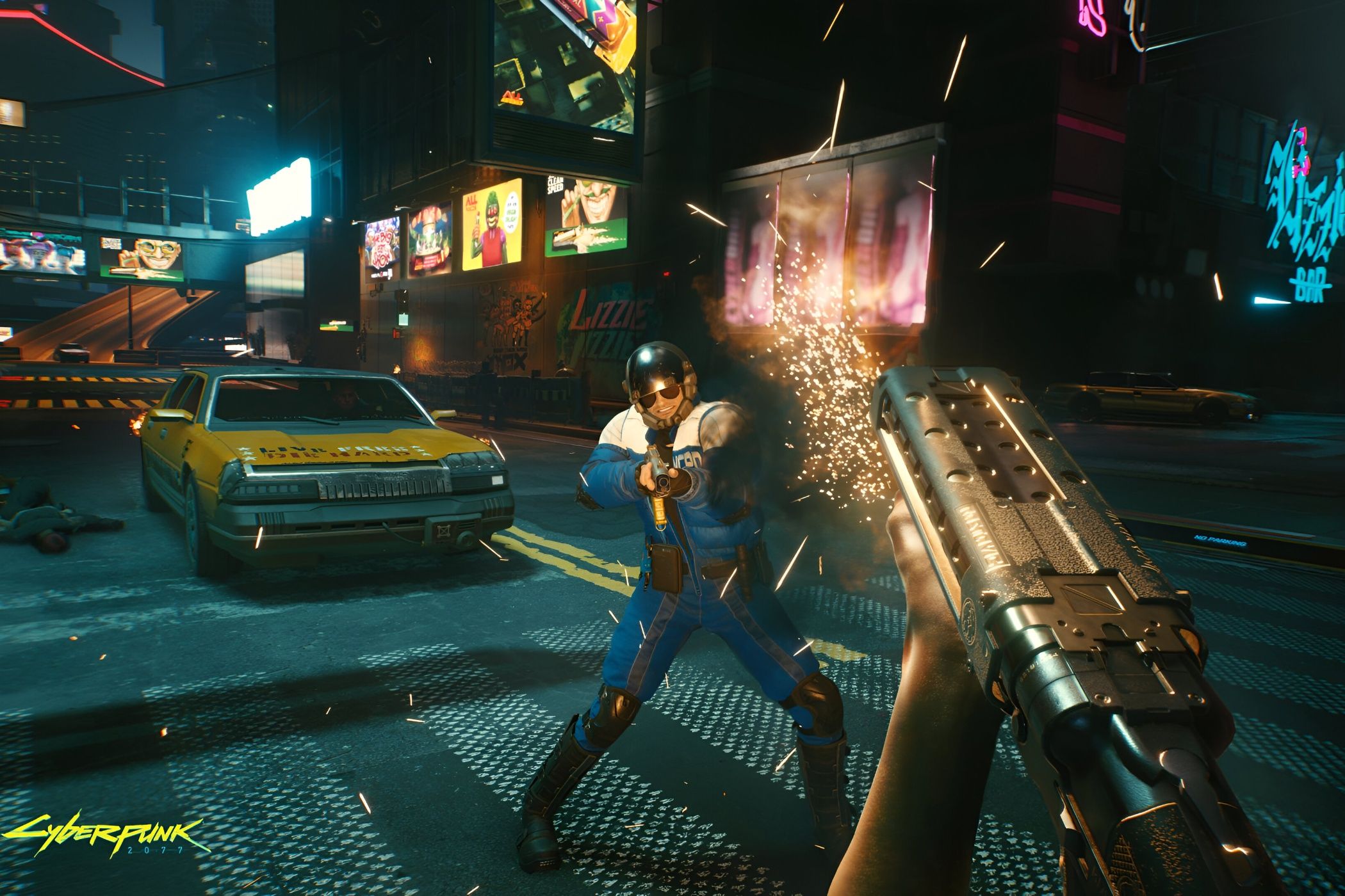 An image from Cyberpunk 2077, showing the protagonist, in first-person-view, shoot a shotgun against a police officer in Night City.