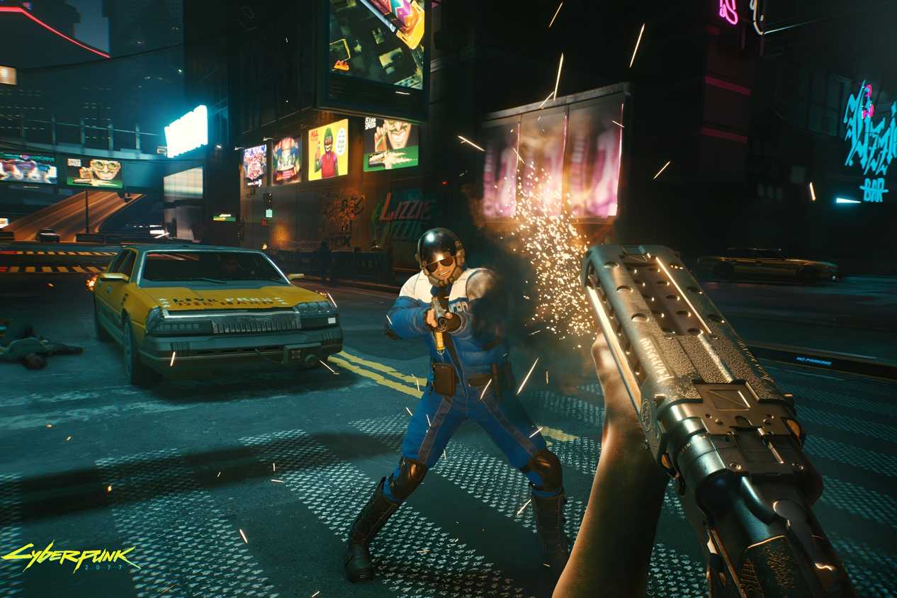 An image from Cyberpunk 2077, showing the protagonist, in first-person-view, shoot a shotgun against a police officer in Night City.