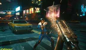 An image from Cyberpunk 2077, showing the protagonist, in first-person-view, shoot a shotgun against a police officer in Night City.