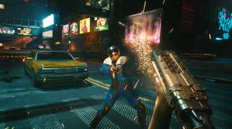 An image from Cyberpunk 2077, showing the protagonist, in first-person-view, shoot a shotgun against a police officer in Night City.