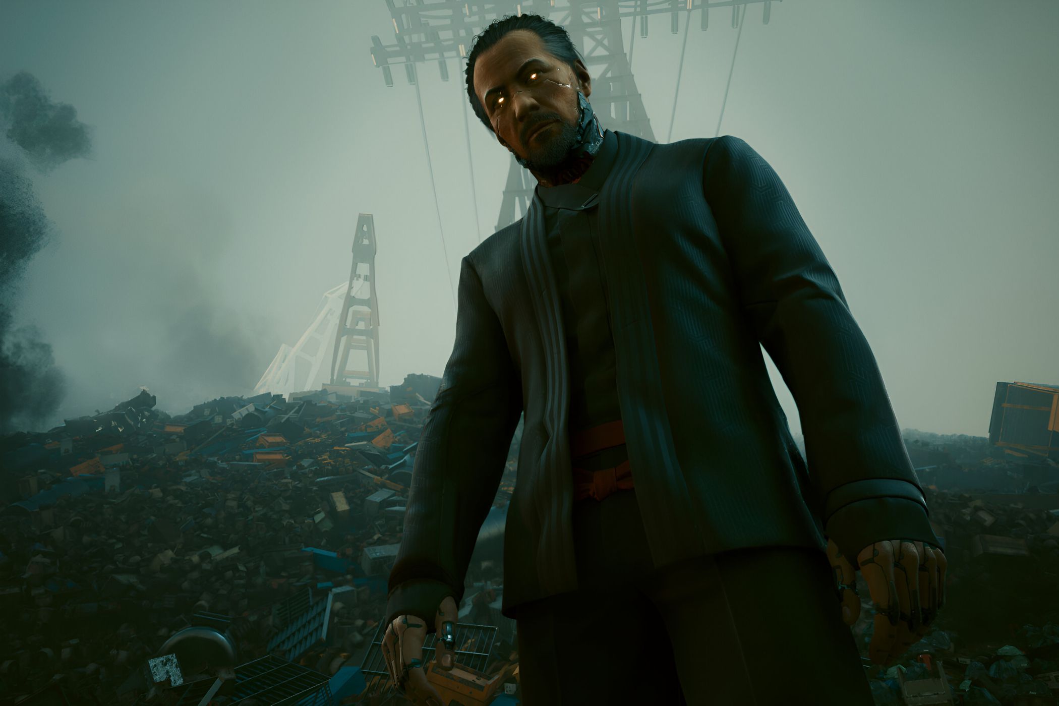 An image from Cyberpunk 2077, showing Goro Takemura in a black coat, standing in a landfill.
