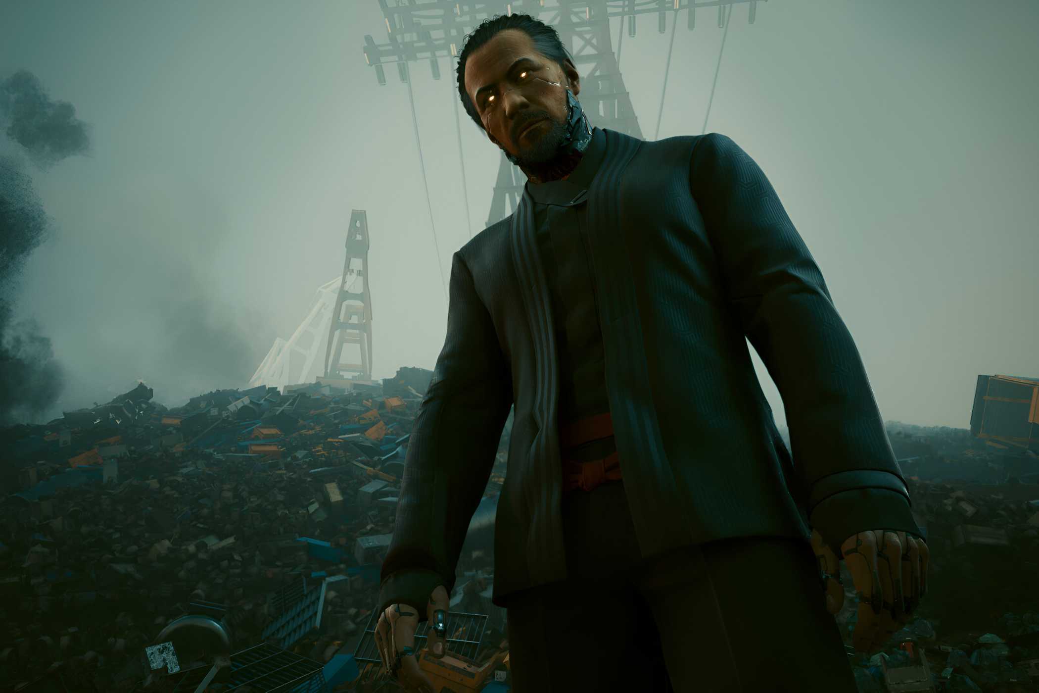An image from Cyberpunk 2077, showing Goro Takemura in a black coat, standing in a landfill.