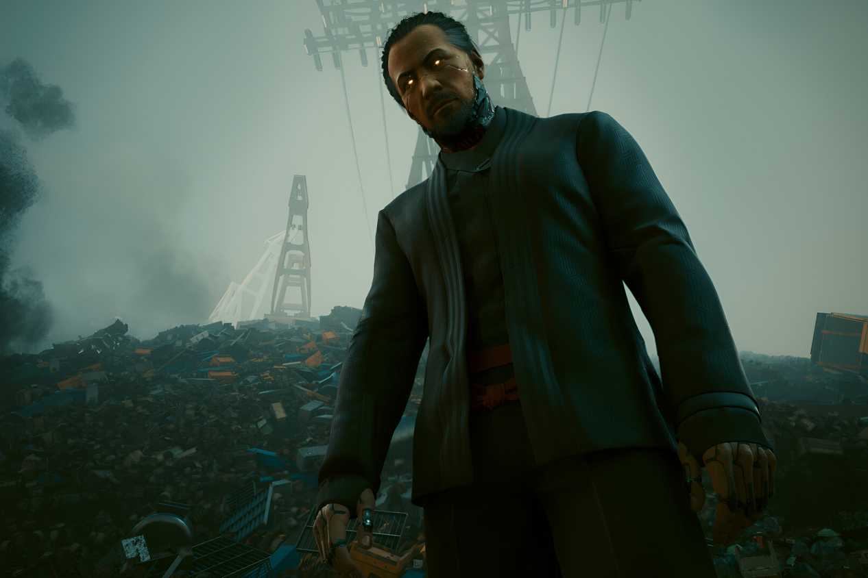 An image from Cyberpunk 2077, showing Goro Takemura in a black coat, standing in a landfill.