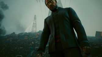 An image from Cyberpunk 2077, showing Goro Takemura in a black coat, standing in a landfill.