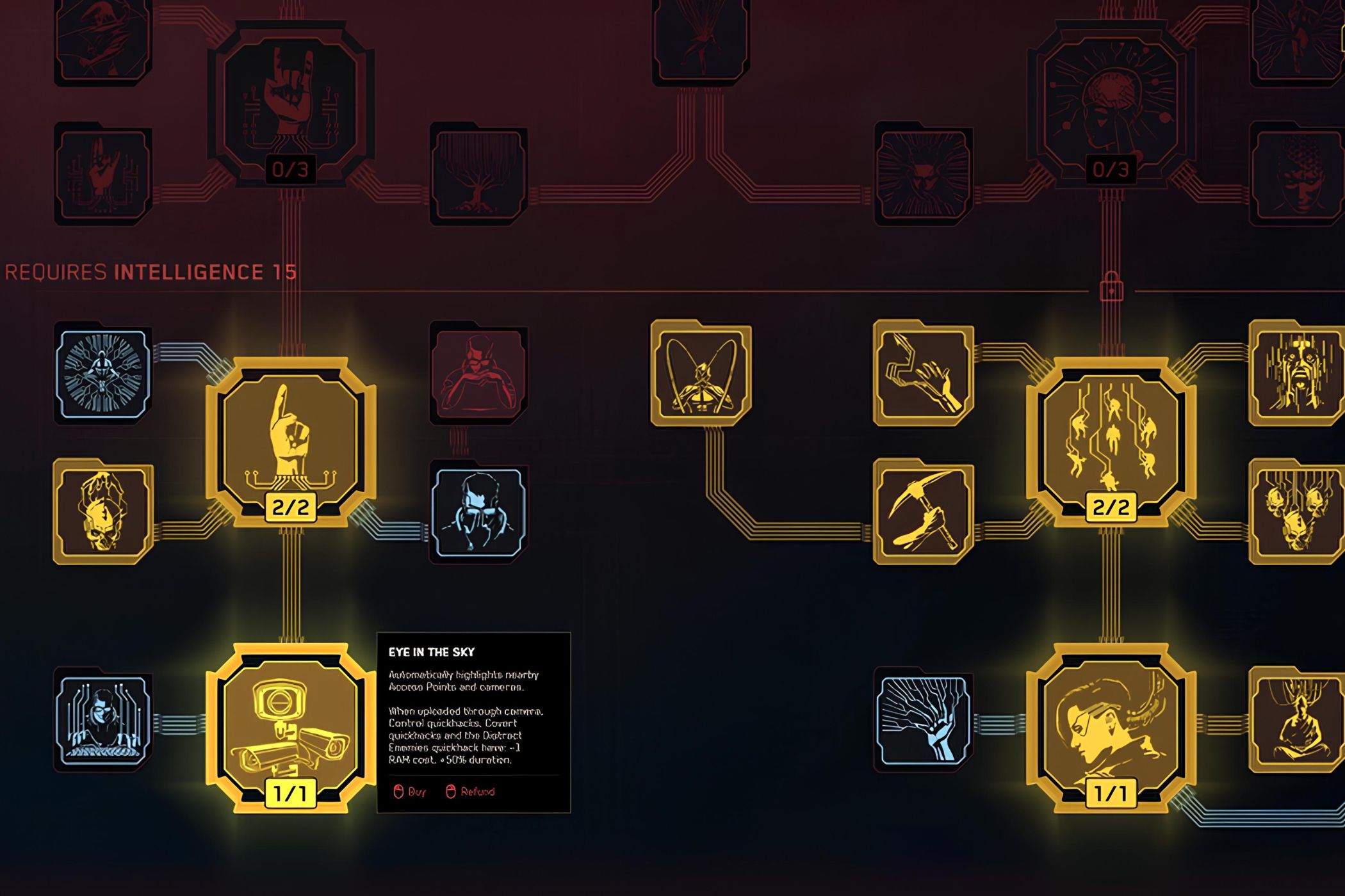 An image from Cyberpunk 2077, showing the Intelligence skill tree in the game.
