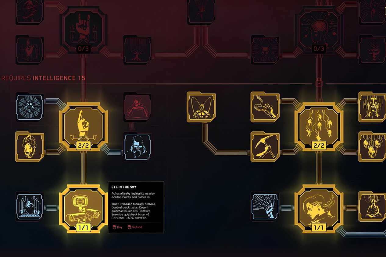 An image from Cyberpunk 2077, showing the Intelligence skill tree in the game.