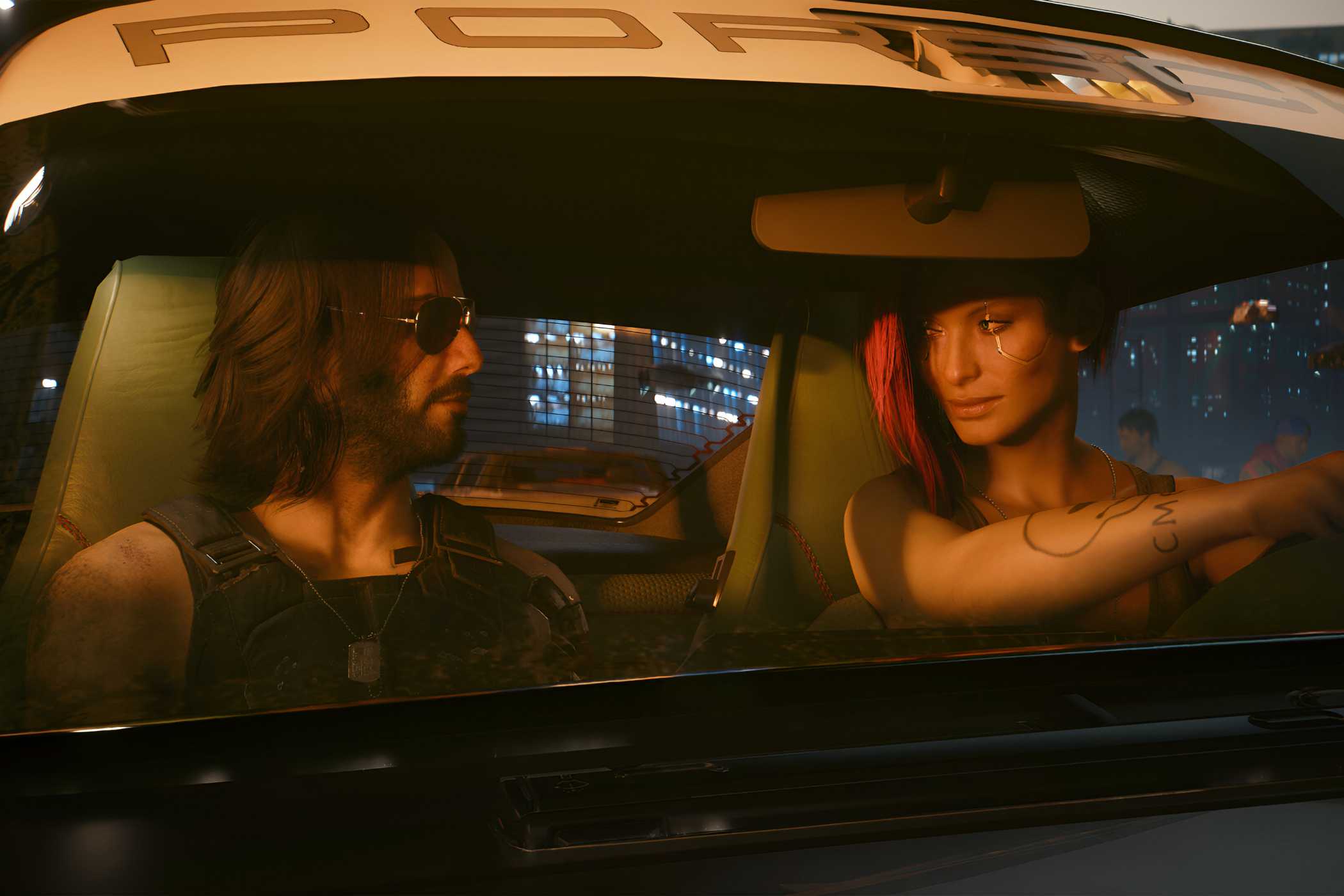 An image from Cyberpunk 2077, showing Johnny Silverhand and V sitting in a car.