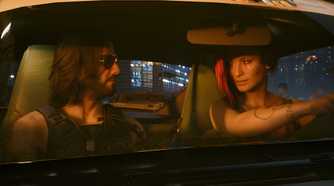 An image from Cyberpunk 2077, showing Johnny Silverhand and V sitting in a car.