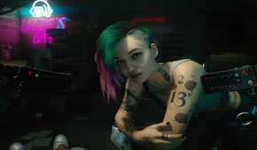 An image from Cyberpunk 2077, showing Judy Alvarez leaning over the protagonist.