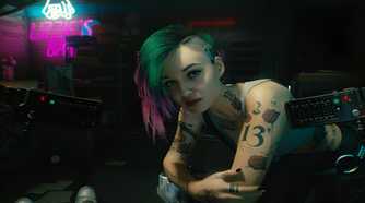 An image from Cyberpunk 2077, showing Judy Alvarez leaning over the protagonist.