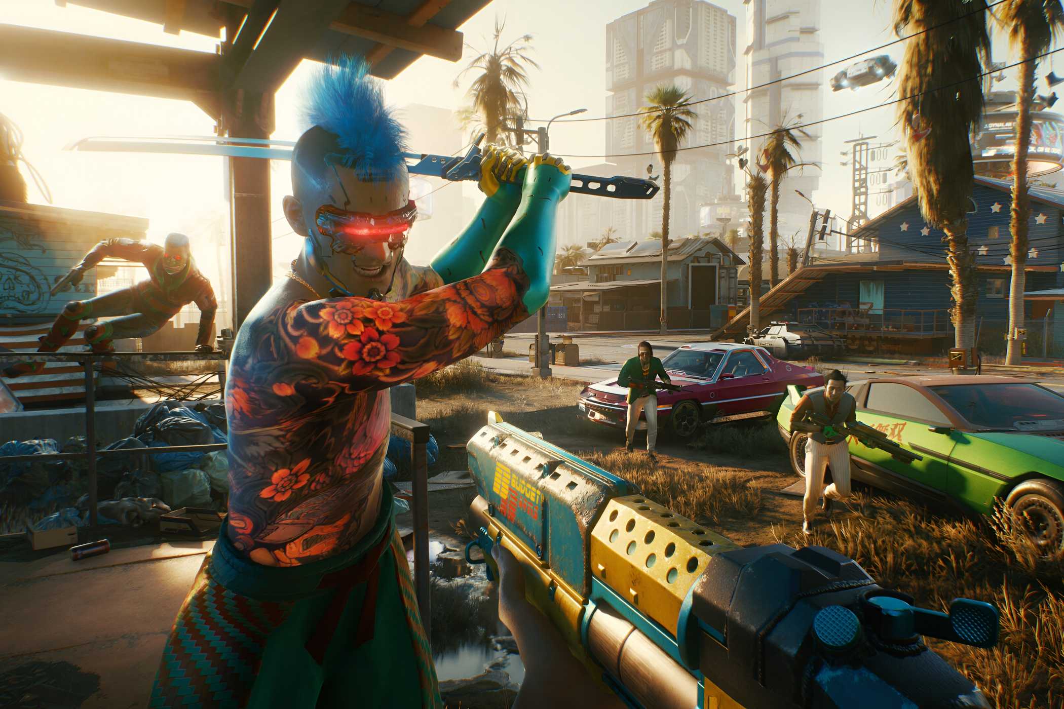 An image from Cyberpunk 2077, showing a blue-haired, augmented hostile wielding a sword towards the protagonist.