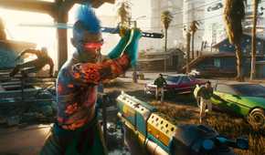 An image from Cyberpunk 2077, showing a blue-haired, augmented hostile wielding a sword towards the protagonist.