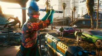 An image from Cyberpunk 2077, showing a blue-haired, augmented hostile wielding a sword towards the protagonist.
