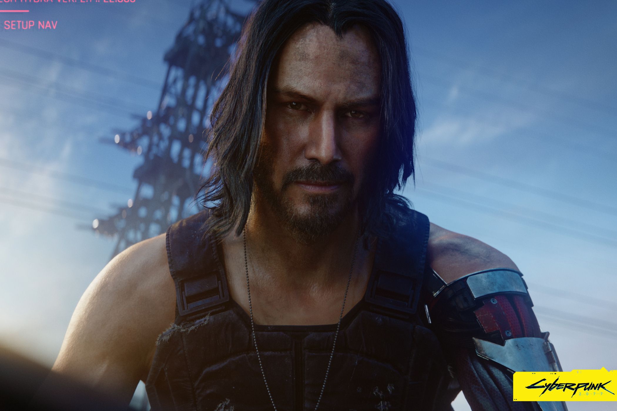 An image from the game "Cyberpunk 2077", showing actor Keanu Reeves as Johnny Silverhand.